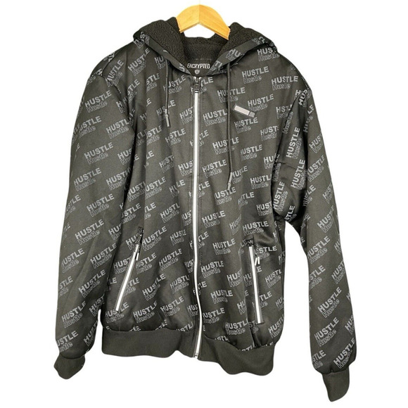 Encrypted Hustle Black Hoodie Sweatshirt Zip Up Sherpa Lined Mens L Urban NWT - Picture 1 of 8